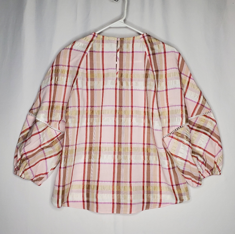 Pearl Lela‎ Rose Top Womens XS Pink Plaid Oversized 3/4 Raglan Sleeve Farmhouse - Picture 2 of 8